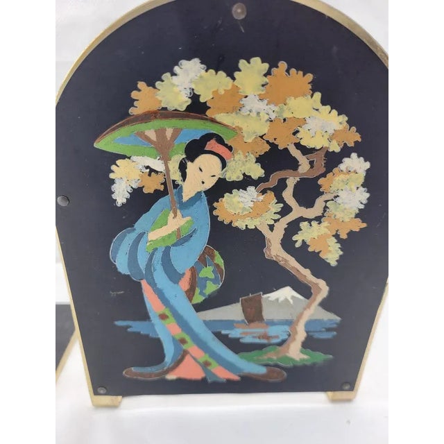Vintage Pair of Asian Bookends Hand Painted Folk Art Possibly Paint by number Oriental Lady or Woman In good condition...