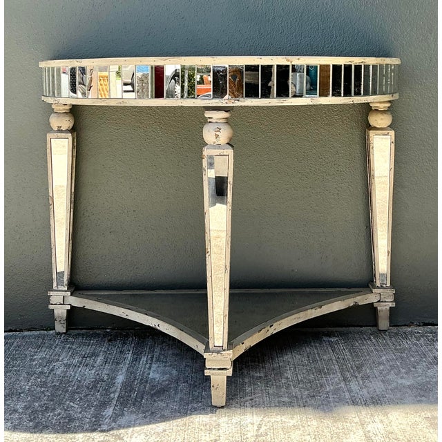 Art Deco Vintage Mirror Trimmed Demilune Console For Sale - Image 3 of 12