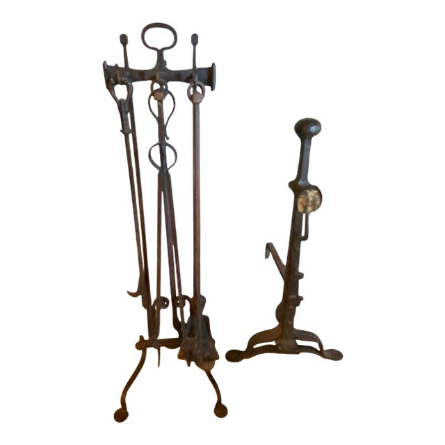 Antique 19th Century Traditional Large Hand Forged Iron Fireplace Tools - 6 Piece Set For Sale