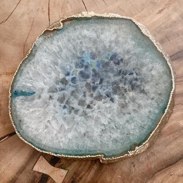 Large Blue Agate Geode Slice 11” Natural Crystal Slab Gold Edge For Sale - Image 12 of 12
