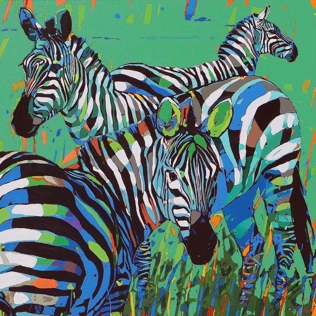This vibrant artwork captures the essence of zebras through an explosion of color and form. Set against a vivid green...