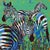 This vibrant artwork captures the essence of zebras through an explosion of color and form. Set against a vivid green...