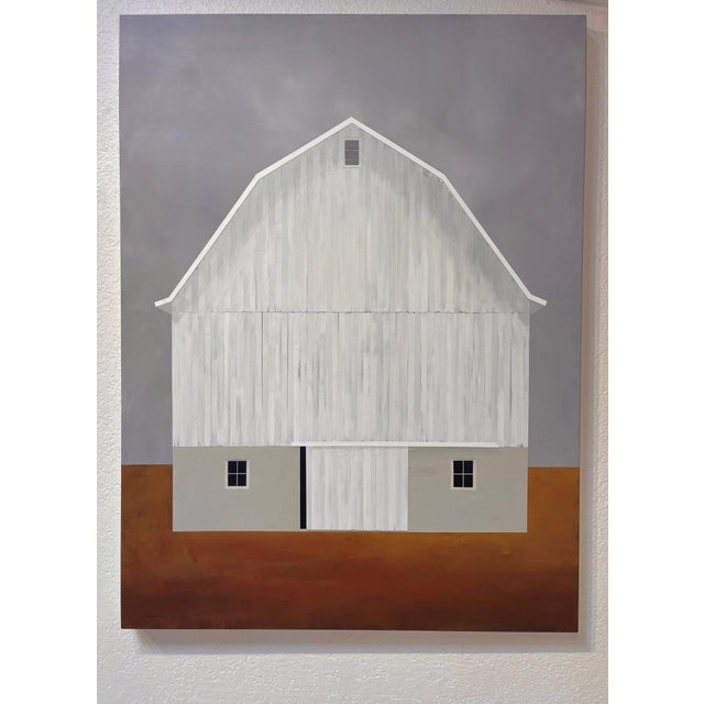 "So Many Stories to Tell" is an acrylic on canvas landscape painting by Justin Wheatley, completed in 2026. A white barn...