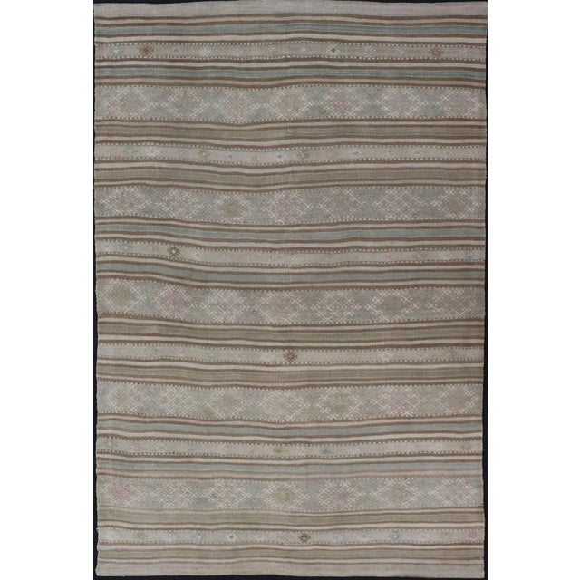 Vintage Turkish Kilim Rug in Soft Taupe, Beige, and Pale Blue Striped Design For Sale - Image 12 of 12