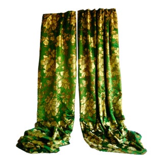 Pair of 19th Century French Green Lyon Silk Castle Curtains Drapes For Sale