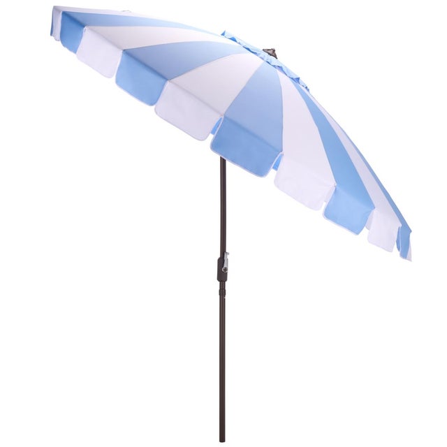 Baby Blue Buti 9 Ft Crank Umbrella, Baby Blue Cabana Stripe/Brown Pole For Sale - Image 8 of 9
