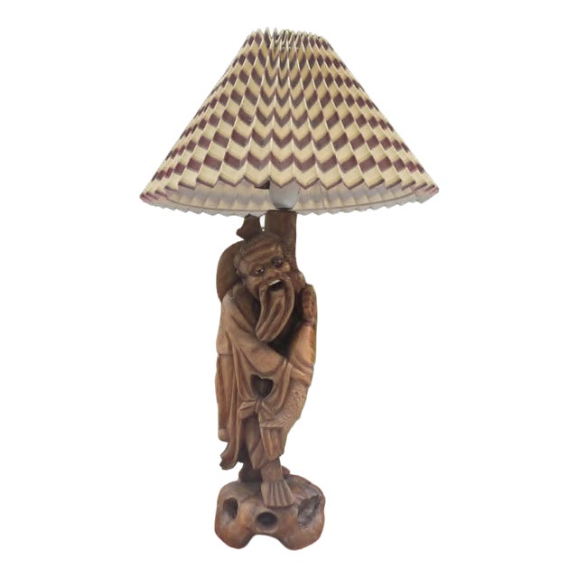 Chinese Carved Wood Desk Lamp, 1950s-1960s For Sale