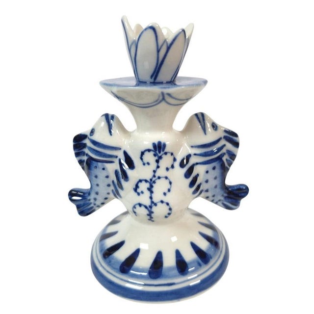 Vintage Russian Gzhel Blue and White Porcelain Double Fish Candlestick For Sale In Los Angeles - Image 6 of 12