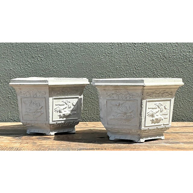 Chinoiserie Vintage Asian Chinoiserie Cast Concrete Planters - A Pair For Sale - Image 3 of 12