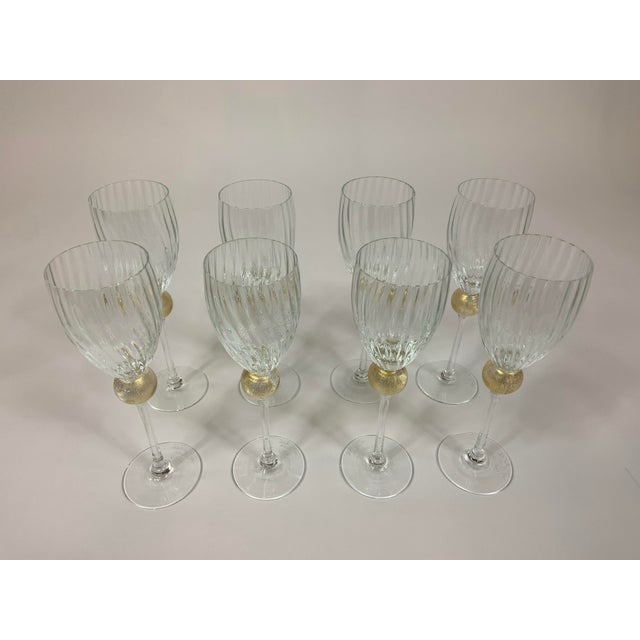 Vintage Union Street Glass Set of 8 Manhattan Gold Fluted Wine Glasses, signed. Hand blown glass is accented with a 24kt...
