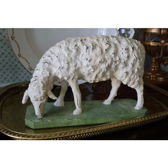 Vintage Hand-Painted English Country Grazing Sheep Sculpture on Green Plinth For Sale - Image 12 of 18
