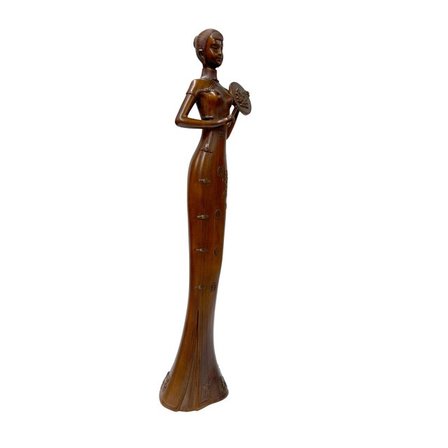 Oriental Brown Wood Carved Slim Artistic Holding Fan Lady Figure For Sale - Image 4 of 6