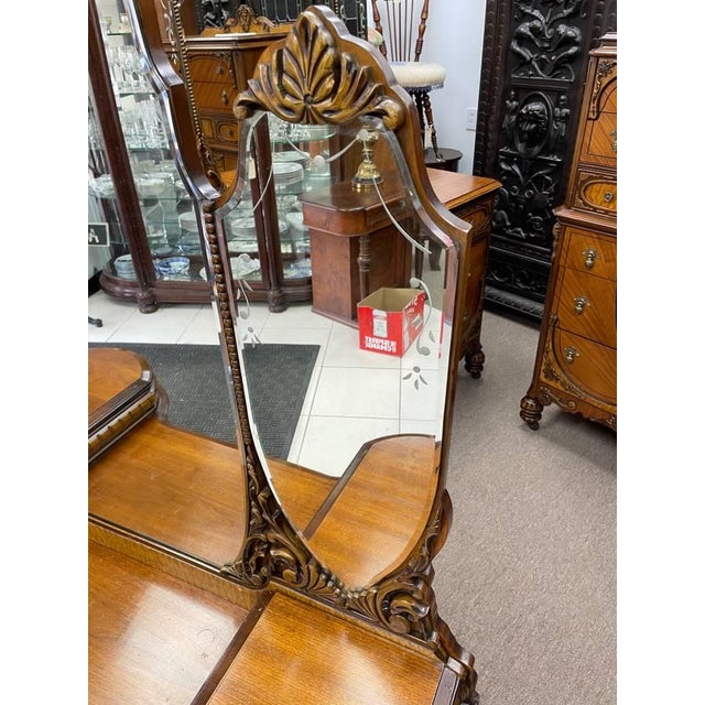 Antique 1930's Bedroom Mirrored Vanity, Hand Carved Walnut, Burl Inlay, Beveled Glass, Curved Cabinets For Sale - Image 9 of 13