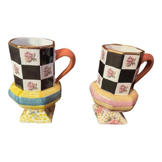 1990s MacKenzie-Childs Courtly Check Pedestal Mug Pair, Hand-Painted Floral, Dated 1994 & 1996 - a Pair For Sale