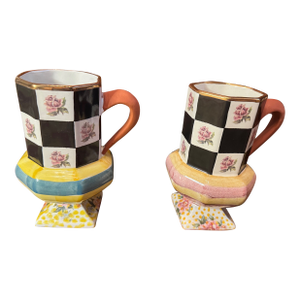 1990s MacKenzie-Childs Courtly Check Pedestal Mug Pair, Hand-Painted Floral, Dated 1994 & 1996 - a Pair