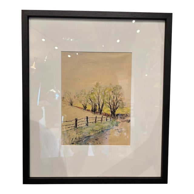 Vintage French Watercolor Drawing 1942 For Sale