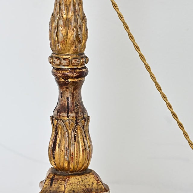 Wood 19th Century Italian Giltwood Candlestick Table Lamp For Sale - Image 7 of 11
