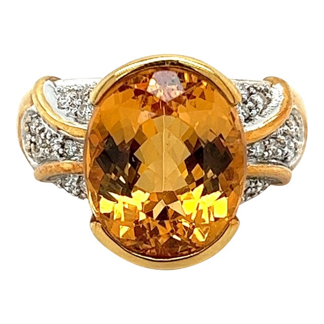Vintage 10.50 Carat Oval Cut Precious Topaz & Curved Round Cut Diamond Ring in 1, Size 8 For Sale