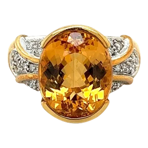 Vintage 10.50 Carat Oval Cut Precious Topaz & Curved Round Cut Diamond Ring in 1, Size 8
