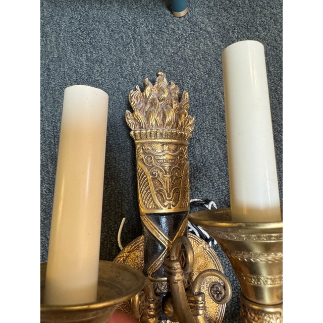 Mid 20th Century Neoclassical Brass Torch Wall Sconces, Pair - Made in Spain For Sale - Image 9 of 11