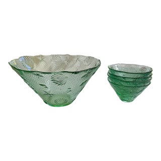 Green Glass Embossed Server & Salad Bowls - Set of 5 For Sale