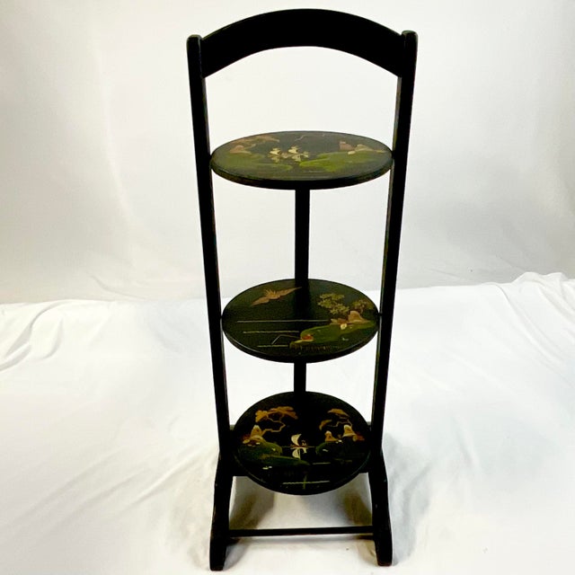 Vintage Chinoiserie Ebonized Black Three Tier Pie, Desert Table Stand. For Sale - Image 11 of 12