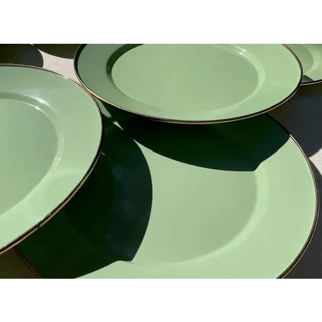2000 - 2009 MacKenzie-Childs Sage Green Enamel Charger Plate, Handmade Metal Rim, 12", Aurora Ny — Set Available For Sale - Image 5 of 18