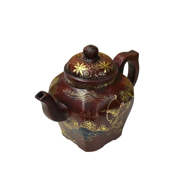 Vintage Chinese Reddish Brown Graphic Zisha Clay Teapot Art Display For Sale In San Francisco - Image 6 of 9