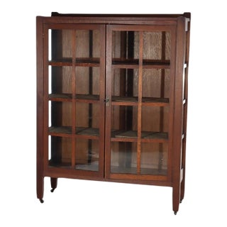 Antique Arts & Crafts Mission Oak 2-Door Bookcase After Stickley C1920 For Sale