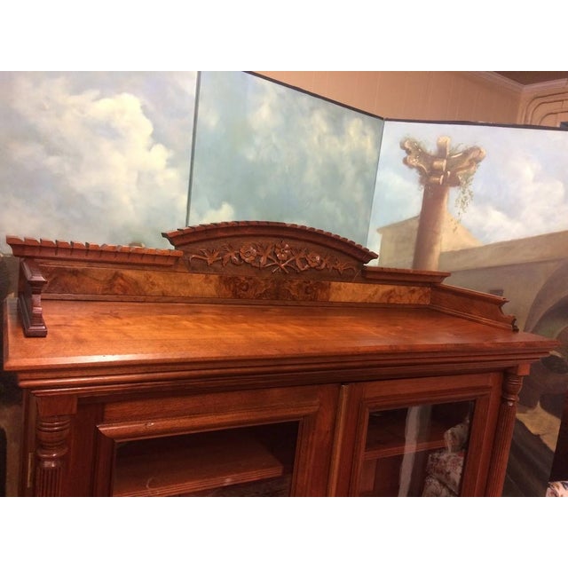 Wood Antique Victorian Bookcase, Walnut Bookshelf With Glass Doors For Sale - Image 7 of 18