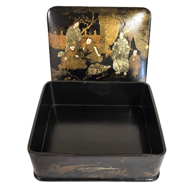 Japanese Antique Japanese Black Lacquered Chinoiserie Gilt Painted Jewelry Box For Sale - Image 3 of 16
