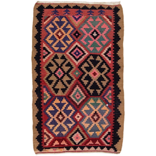 Ruby Red 1960s Vintage Turkish Kilim Multicolor Handmade Geometric Wool Rug For Sale - Image 8 of 8