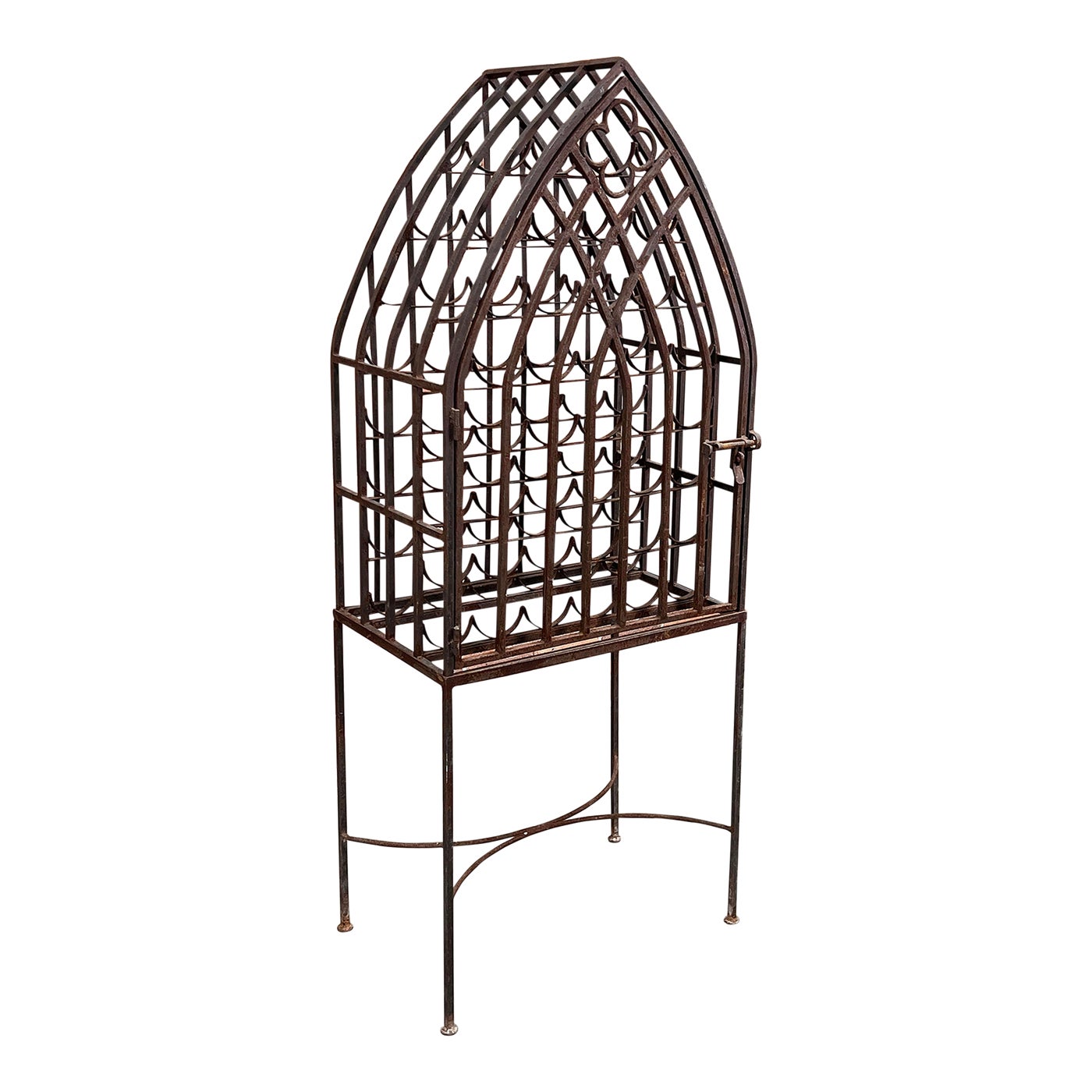 Vintage Wrought Iron Cathedral Style 40 Bottle Wine Rack Cage