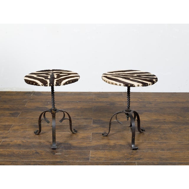 Mid 20th Century Pair of Midcentury French Guéridon Tables with Zebra Hide and Iron Tripod Bases For Sale - Image 5 of 11