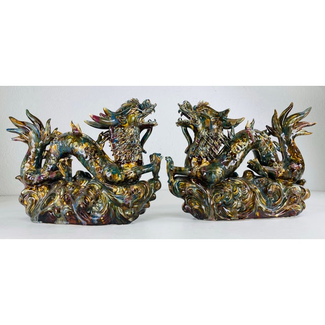 Ceramic Mid-Century Vintage Magnificent Pair of Majolica Pottery Dragons For Sale - Image 7 of 12