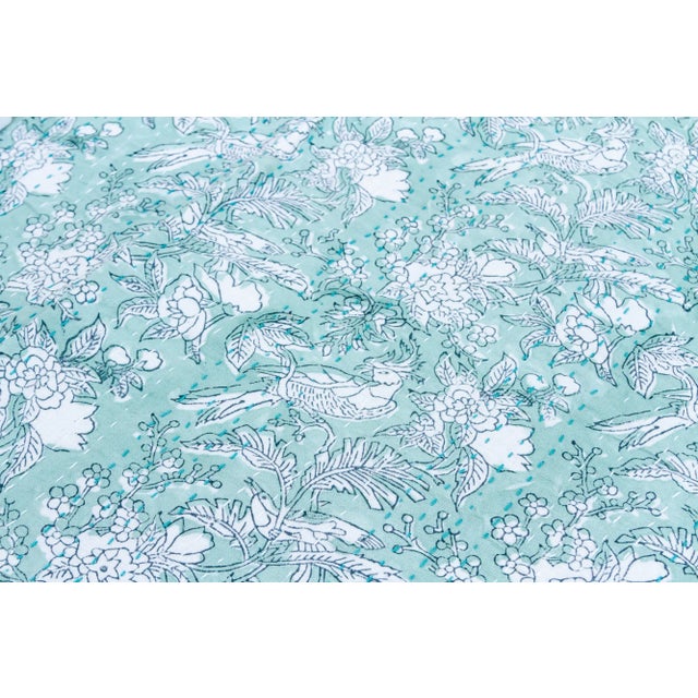 1990s Aqua Garden Indian Block Printed Blanket For Sale - Image 5 of 8