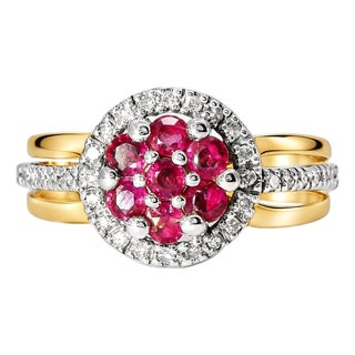 Late 20th Century 14K Two Tone Gold Ruby Diamond Floral Ring Band, Size 7 For Sale