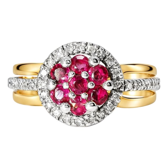 Late 20th Century 14K Two Tone Gold Ruby Diamond Floral Ring Band, Size 7 For Sale