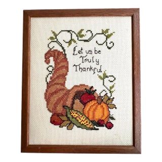 1960s Vintage Thanksgiving Harvest Cornucopia Needlepoint Folk Art Print Piece For Sale