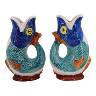 Antique Portuguese Palissy Ware Set of Two Gurgle Jugs, Pitcher, Earthenware For Sale