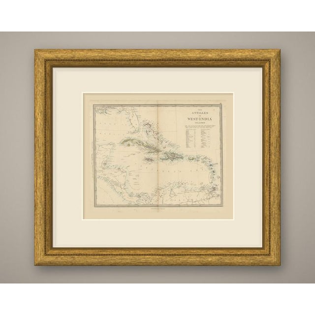 Original antique map of the caribbean, a steel engraving colored by hand, with the lettered title "the antilles or west-...