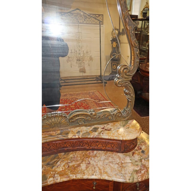 French Louis XV Style Inlaid Walnut Marble Top Etched Mirror Vanity Circa 1920's For Sale - Image 10 of 13