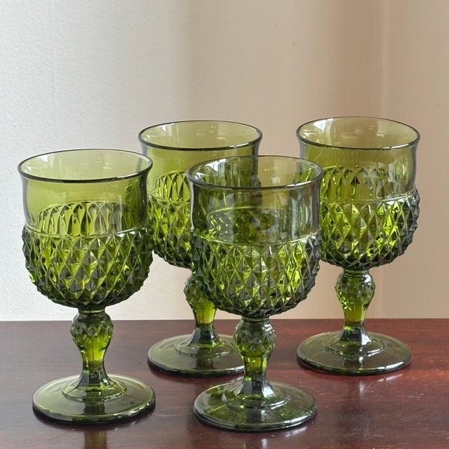 Glass 1960s Avocado Green Pressed Glass Goblets — Set of 4 For Sale - Image 7 of 13