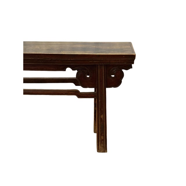 Chinese 19th Century Chinese Red Lacquer Elm Spring Bench With Ruyi Spandrels For Sale - Image 3 of 9