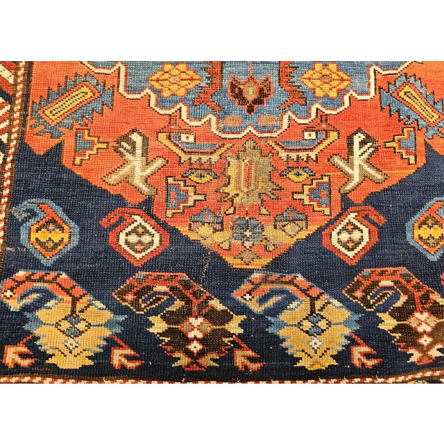 French Country Antique Caucasian Kazak Area Rug, Handwoven Wool, Geometric Medallion Design, Late 1800s, 4' x 5' For Sale - Image 3 of 18