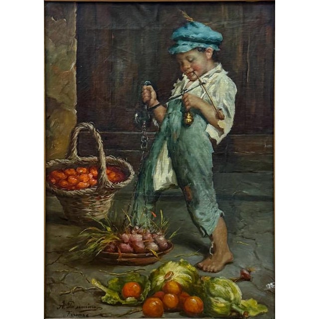 Realism Antique 19th Century Italian Oil Painting by Adolfo Dumini Boy Weighing Vegetables in Ornate Gold Frame For Sale - Image 3 of 13
