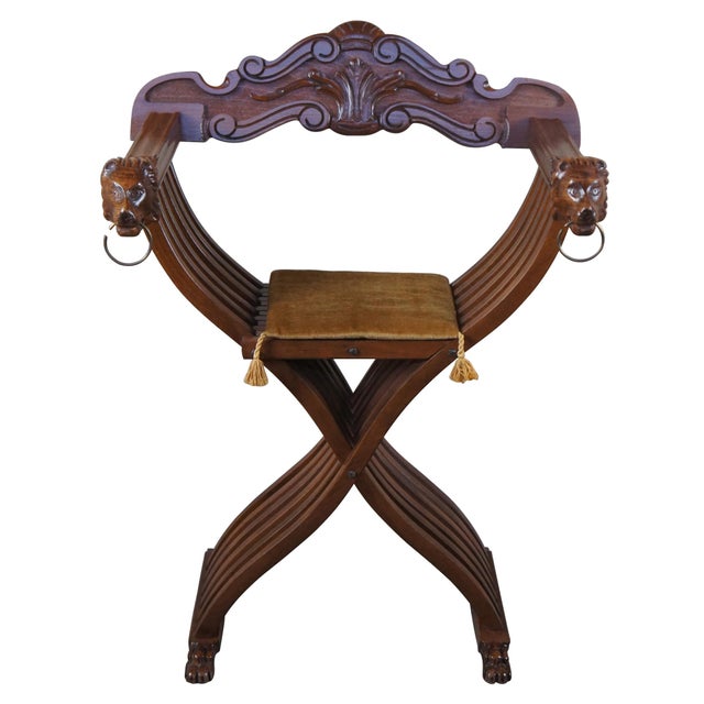 20th Century Renaissance Revival Savonarola X Folding Lion Head Throne