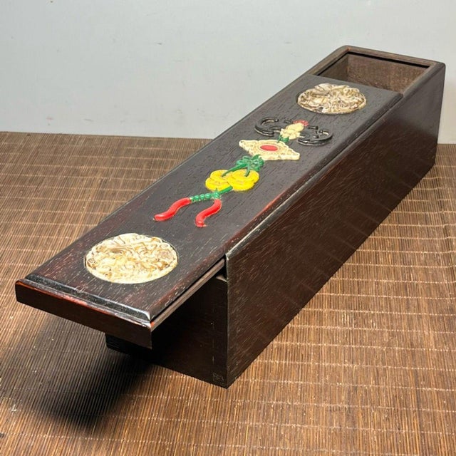 Wood Vintage Ebonized Wood Carved Box | Chinese Auspicious Knot Inlay | Dragon Trinket Box For Sale - Image 7 of 9