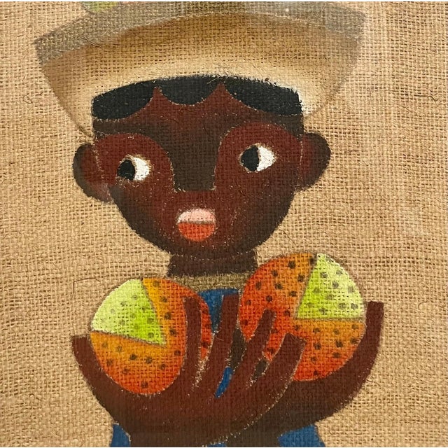 Jose Maria de Servin, Folk Art Mexican Boy Oil Painting on Burlap Charming Naive African American Art For Sale
