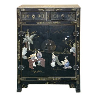 Vintage Chinoiseries Black & Stone Inlay Graphic End Table Nightstand For Sale